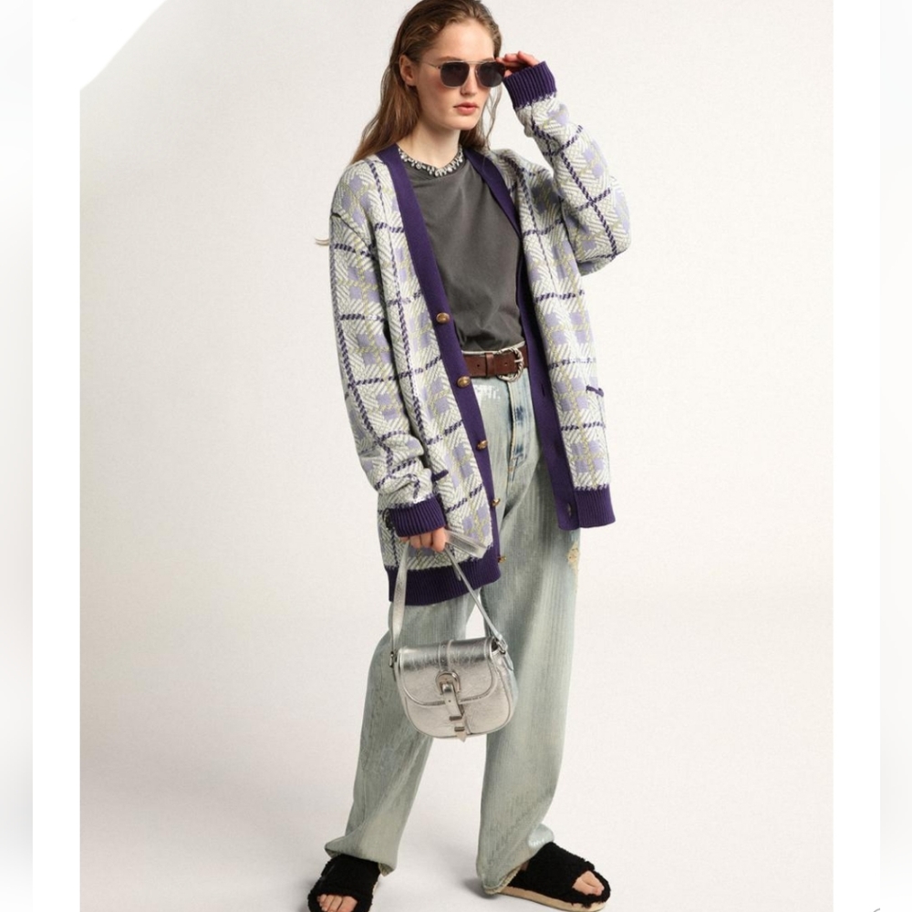 Golden Goose Sequin Embellished Plaid Wool Blend Cardigan Multicolor - Picture 3 of 13